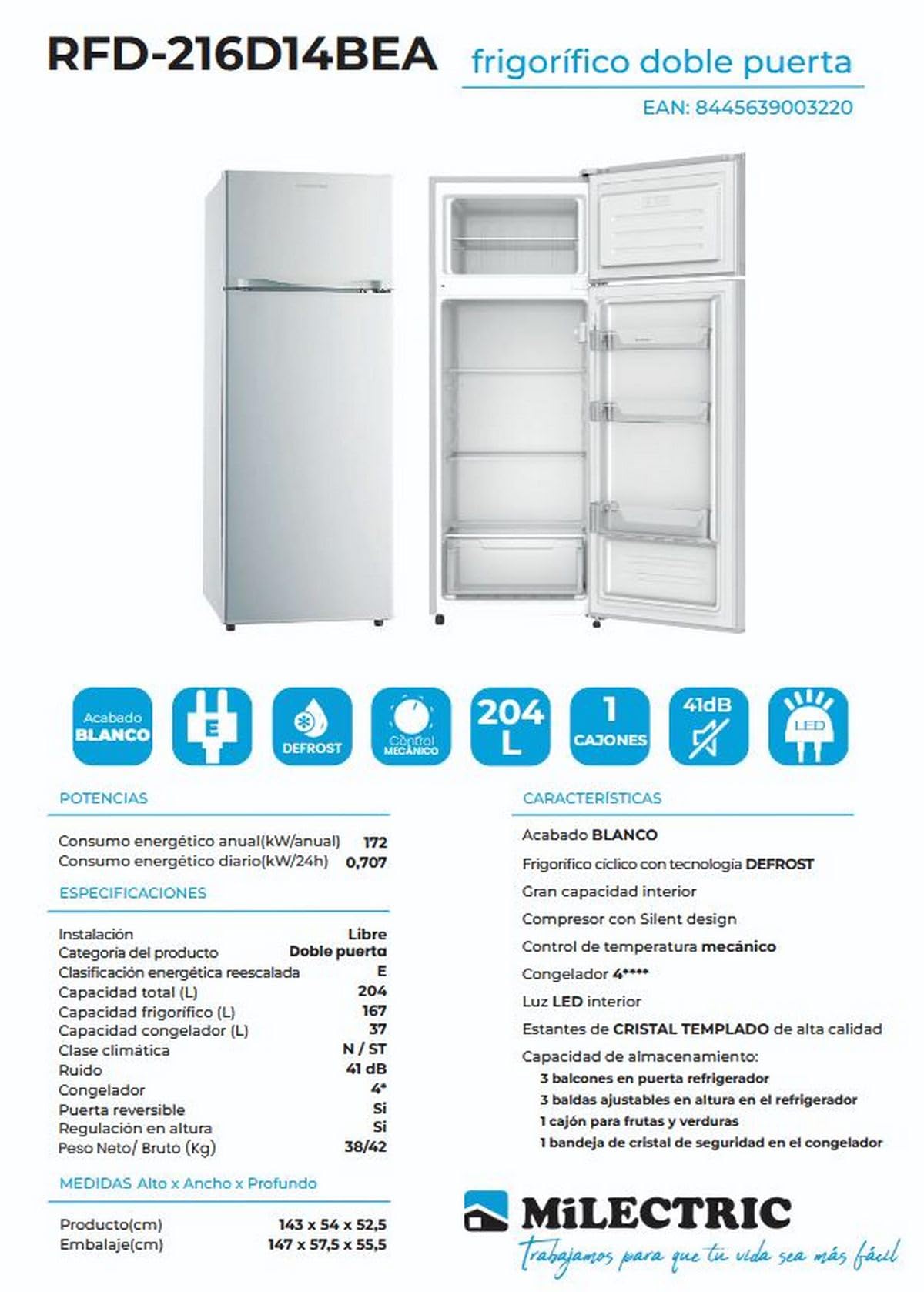 MILECTRIC Frigorifico Dos Puertas RFD-216D14BEA, 143 cm, 204 Litros, E, Ciclico, Puerta Reversible, Blanco