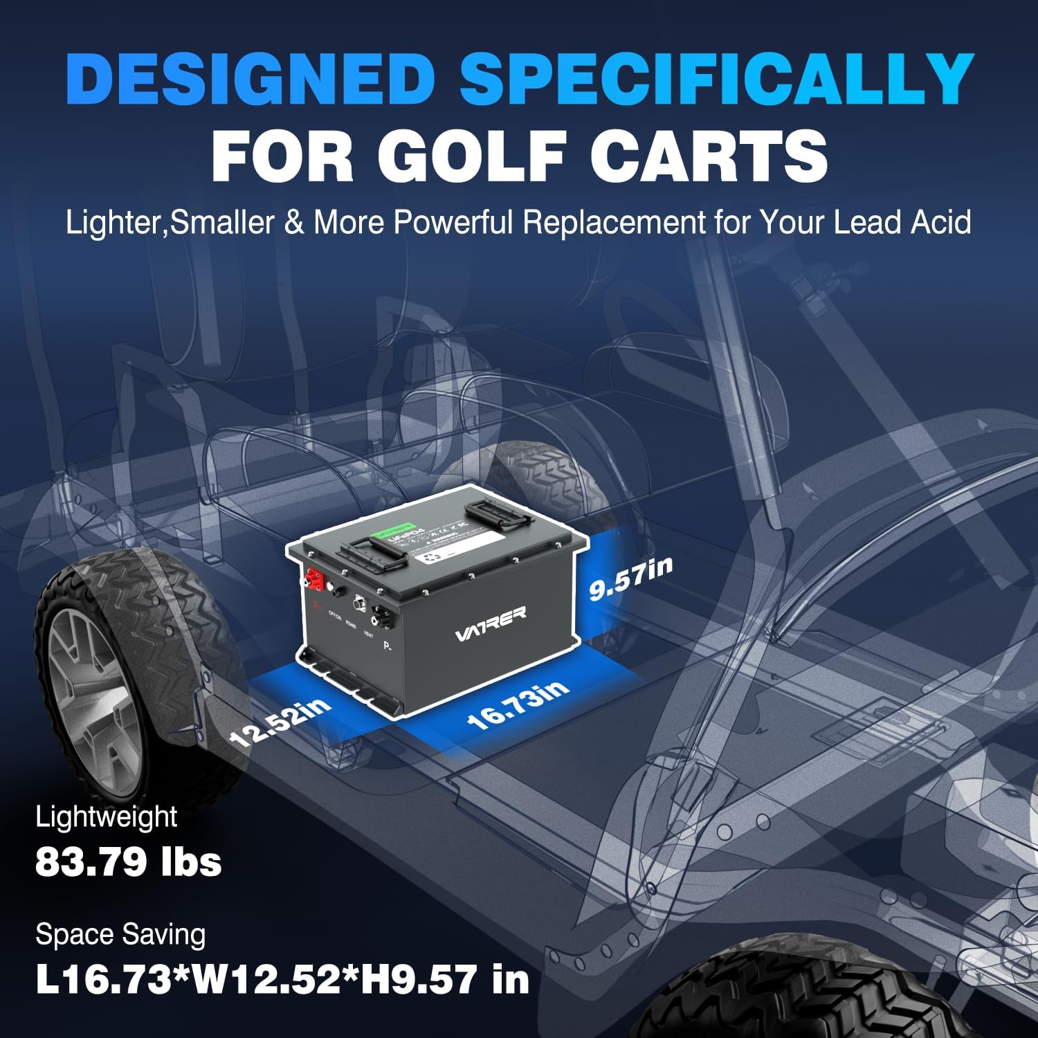 Diagram showing the dimensions and placement of the LiFePO4 battery in a golf cart