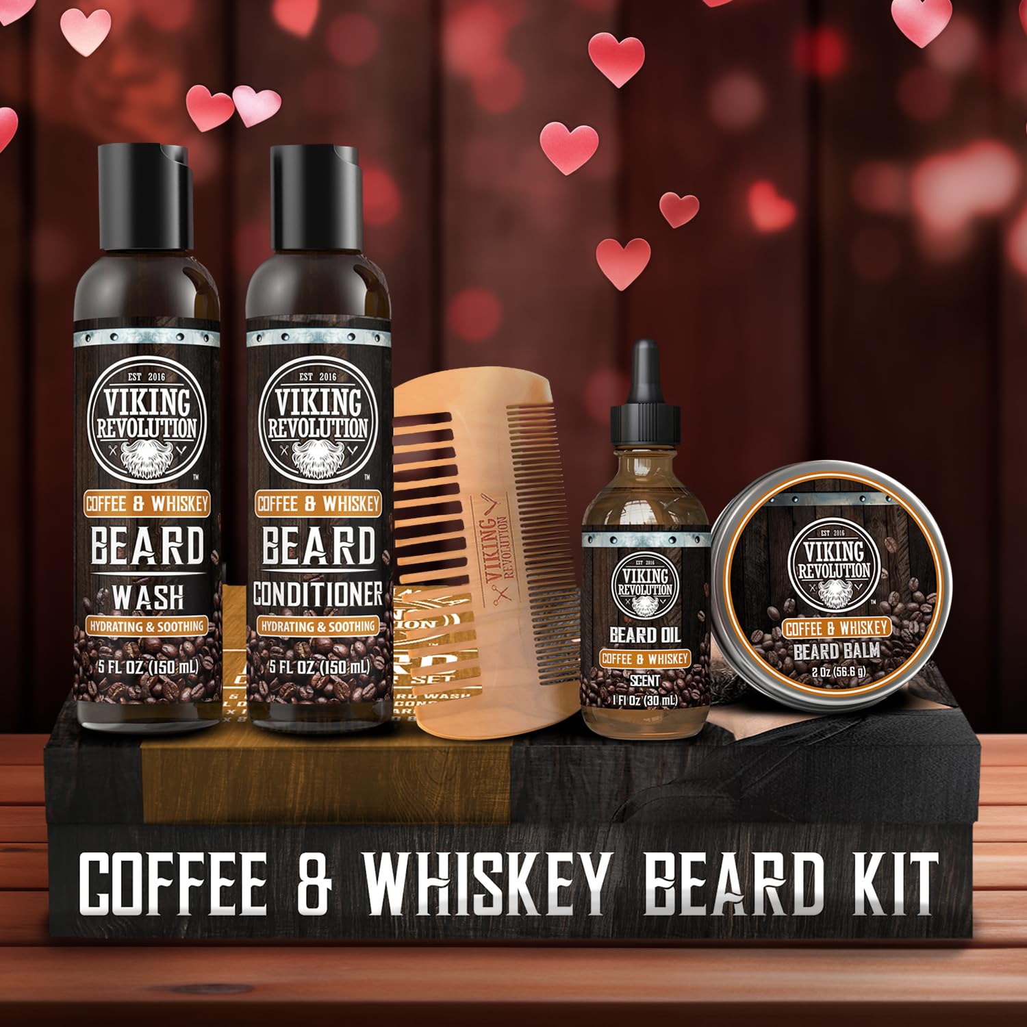 Viking Revolution Ultimate Conditioner for Men's Beard Grooming - Softens, Smoothes and Soothes - Contains Beard Wash and Conditioner (5oz Set), Beard Oil, Balm and Wooden Comb - Coffee Whiskey Scent
