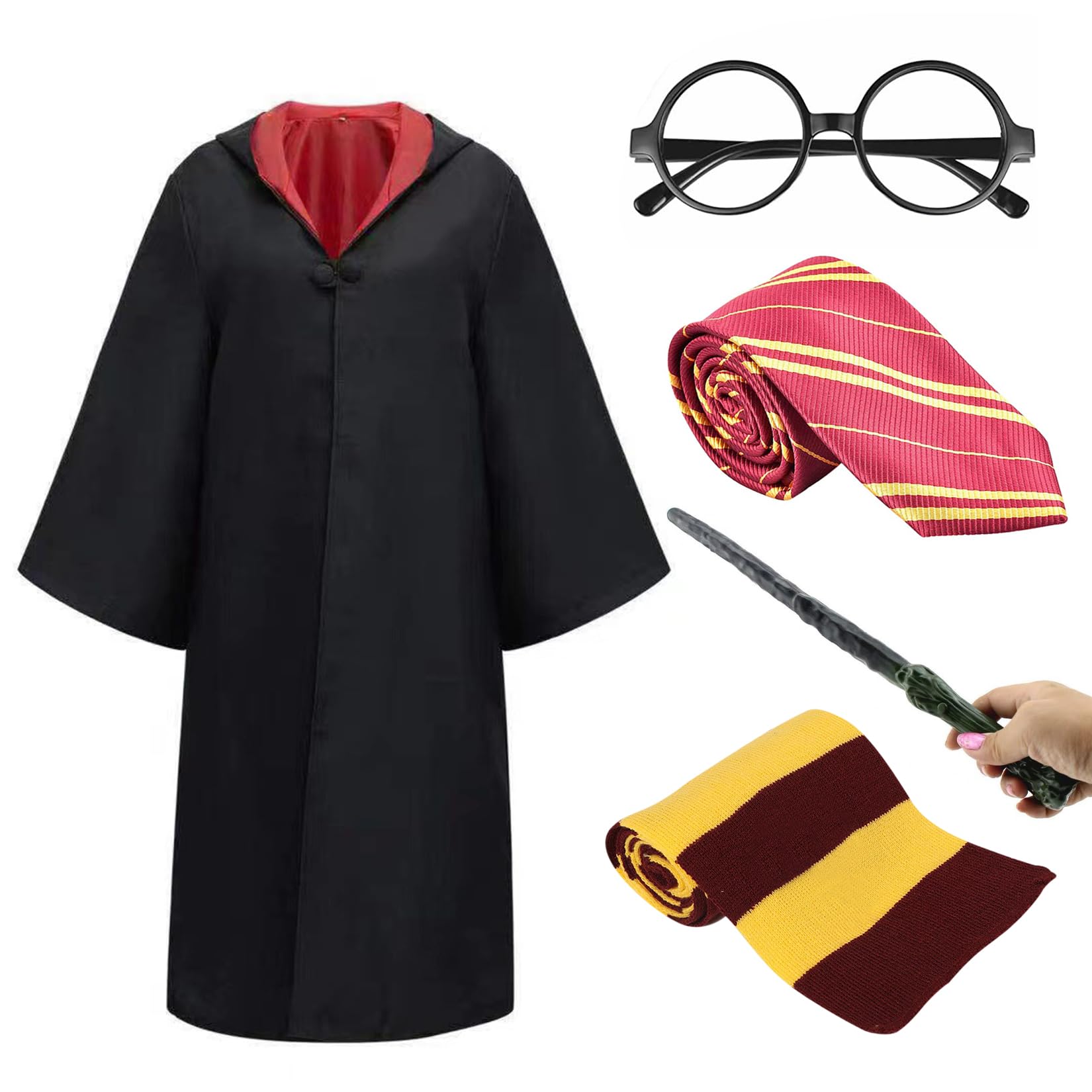 JurciCat 5 Piece Wizard Coat Cosplay Costume Con Capa Varita Mágica Corbata Marco Para Gafas(No Lenses) Bufanda Halloween Costume Kids for Carnaval Fancy Dress Party