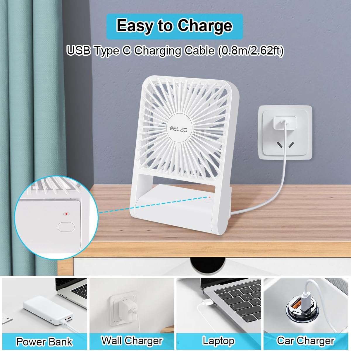 ELZO Travel Fan, Foldable Mini Desk Fan, Ultra-Quiet Battery Operated, 3 Speeds Adjustable 225° Tilt Standing Hanging Fan for Travel Camping Office Home Outdoor, White