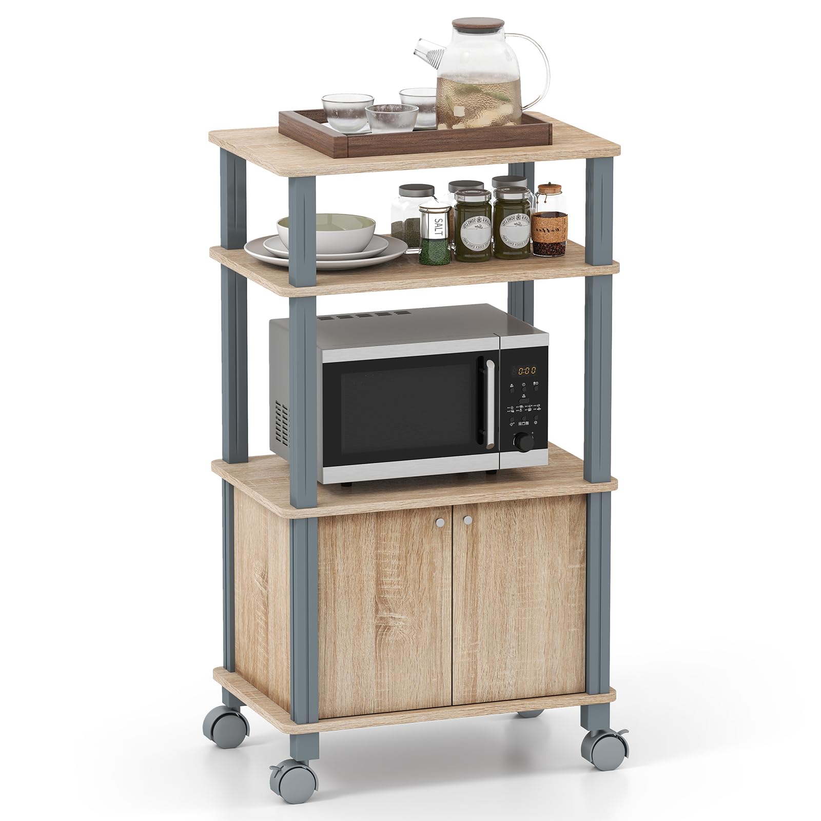 COSTWAY Scaffale da Cucina per Microonde Carrello da Cucina, con Ruote e 2 Ante, Multifunzionale e Movimento Flessibile, 60x40x98 cm (Naturale)
