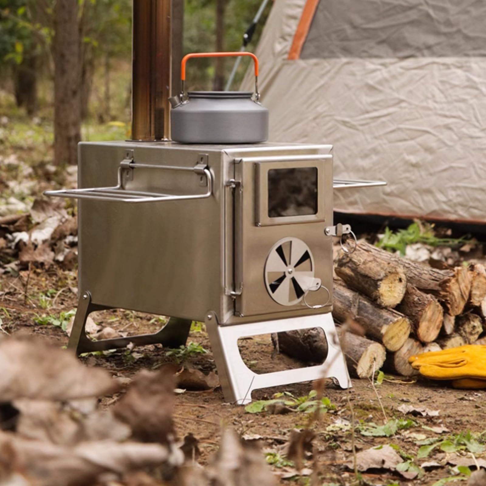 Stufa a Legna Portatile da Campeggio Realizzato in Acciaio Inossidabile Design Pieghevole con Finestra di Osservazione