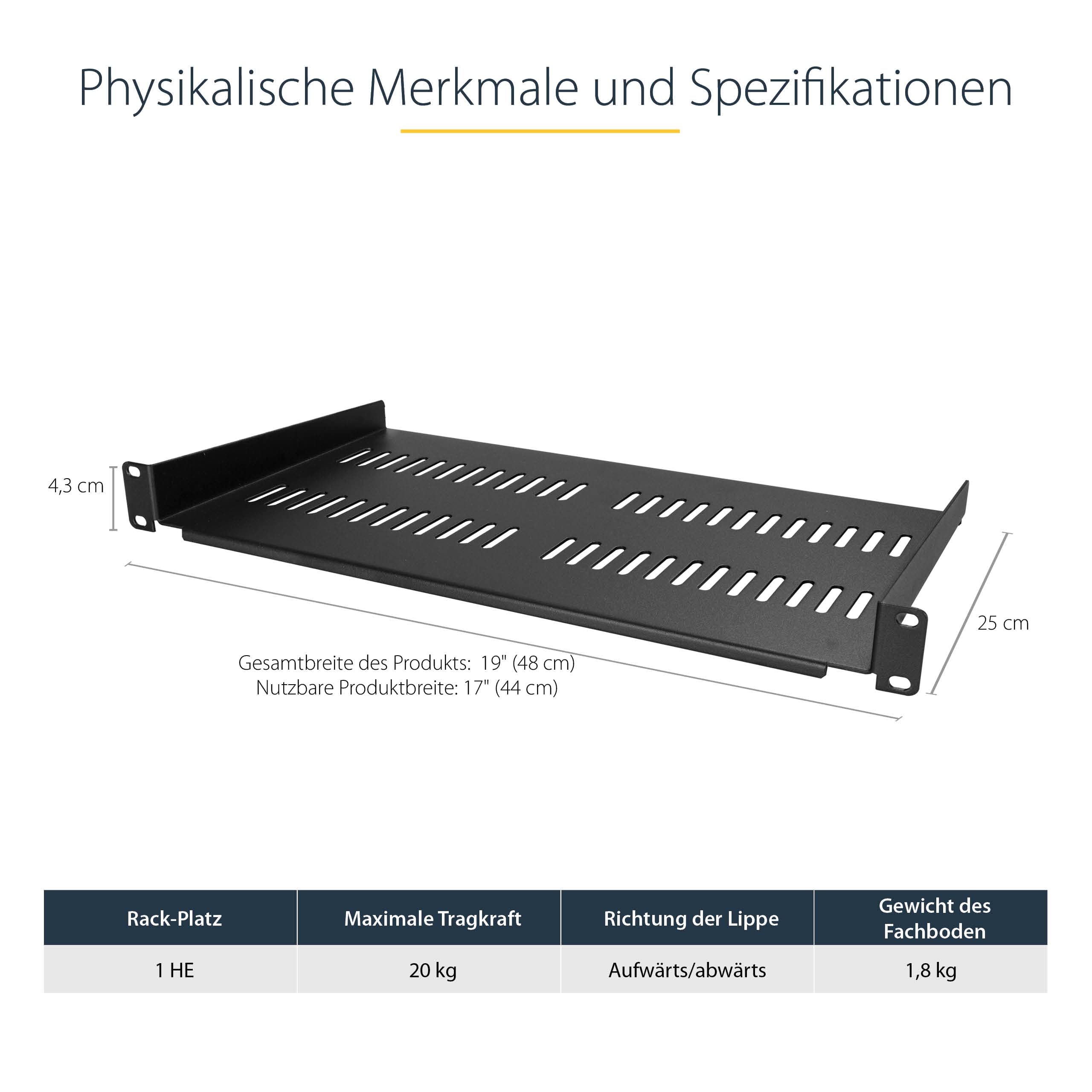 StarTech.com 1HE Regalboden für Racks - Belüftete Freitragende Fachboden für 19" Netzwerkschränke und Racks, 20kg, 10" Tief