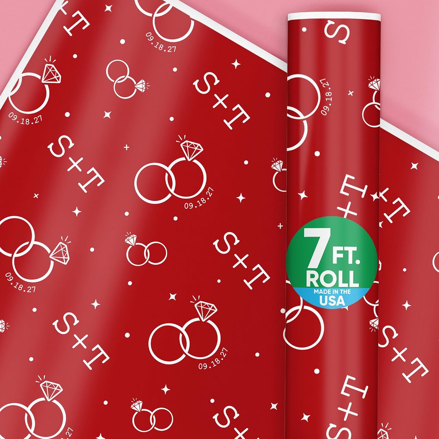 Big Dot of Happiness Custom Cherry Red Wedding Wrapping Paper, Engagement and Anniversary Party Gift Wrap, Personalized with Couple's Initials, 24 in x 7 feet, 1 Roll