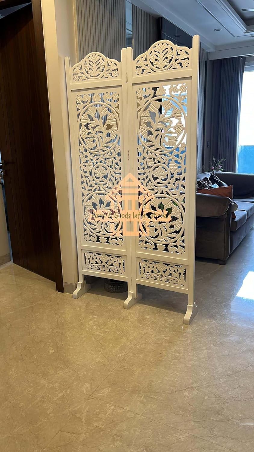 Wooden Room Divider Partition - Foldable Wood Screen Separator for Living Room, Bedroom, Office, Restaurant || Lotus Design (2 Panel with Stands, White)