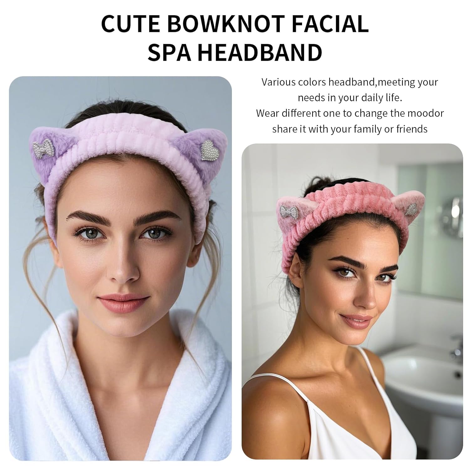 Spa Headband for Washing Face, 2 Pack Cute Cat Ear Hair Band for Shower Yoga Beauty, Fluffy Makeup Headband, Kawaii Facial Headbands for Woman Girls, Dark Pink+Purple Heart - Image 2