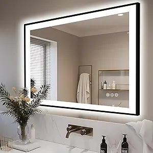 44x30 Bathroom Light up Mirror, Black Double Bright Lights, Anti-Fog Vanity Mirror with Lights, Stepless Dimmable Illuminated Mirror, Touch Control, Waterproof (Horizontal/Vertical)