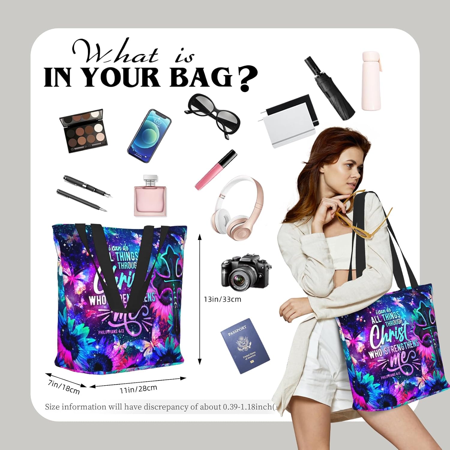 Tote Bag for Women Reusable Shopping Tote Bag Zippered Inspirational Scripture Shoulder Bags - Image 2