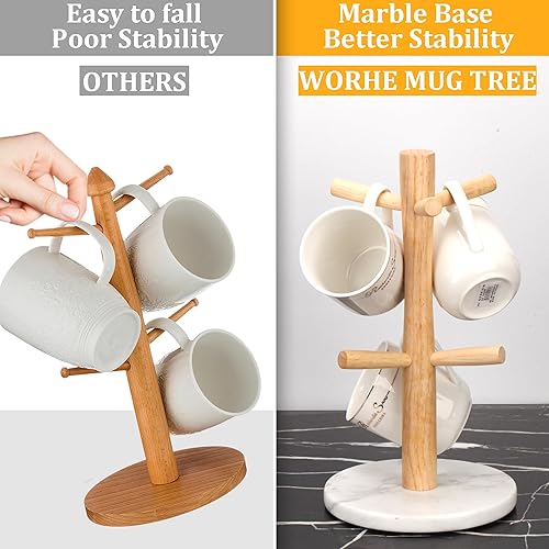 Miniatura 7 de WORHE Soporte para tazas con base de mármol con 6 ganchos, organizador de tazas de café para encimera, soporte redondo para colgar tazas para