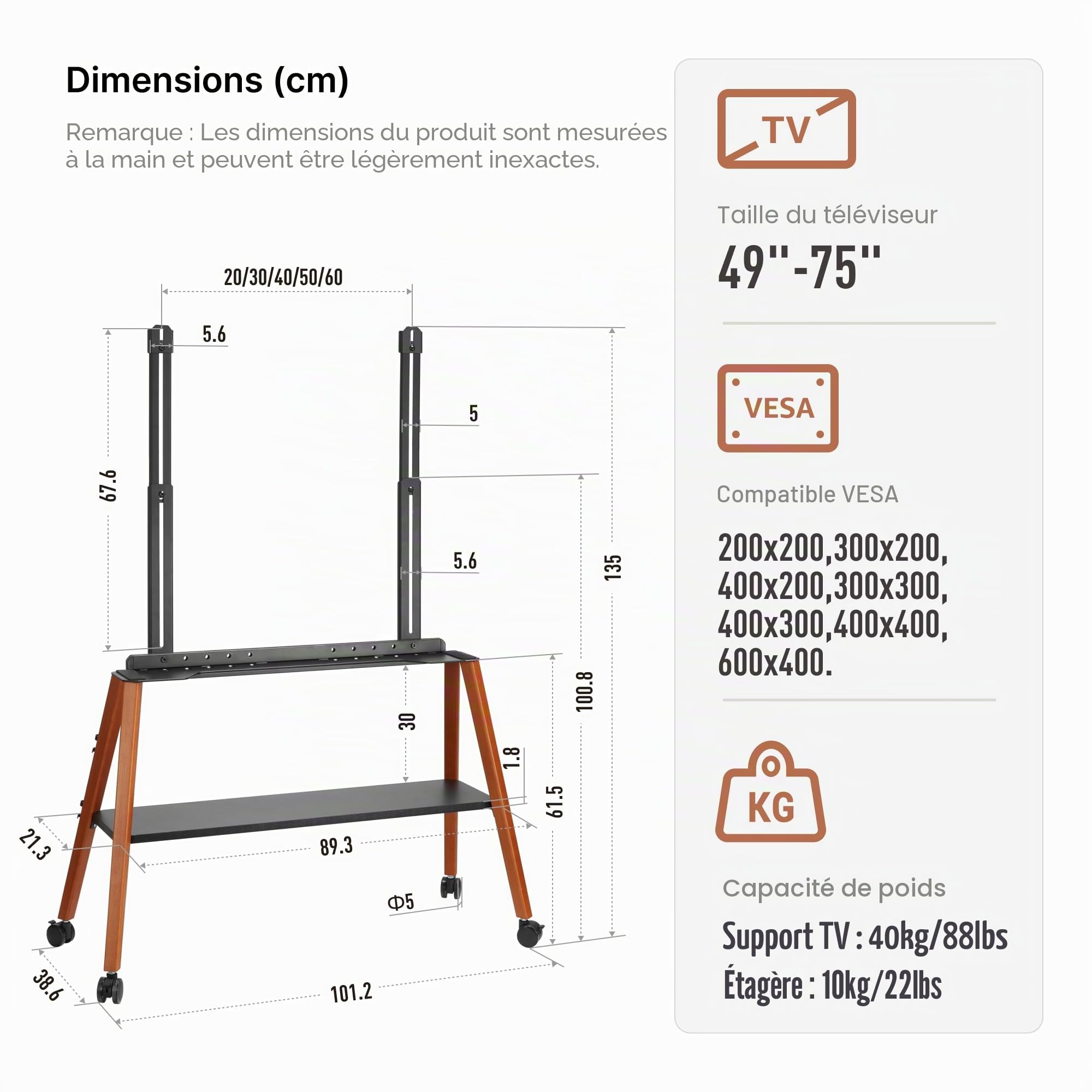 Support TV à roulettes pour téléviseurs de 49 à 75 pouces jusqu'à 40 kg, design chevalet avec structure en métal et étagère en bois, support TV mobile sur roulettes pour magasin, bureau, école