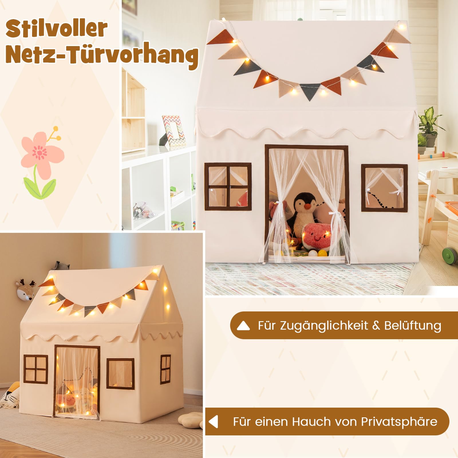 DREAMADE Spielzelt für Kinder mit Lichterkette und gepolsterter Matte, Tipi Zelt Kinder Spielhaus mit Fenstern, Kinderzelt für Jungs und Mädchen für Indoor und Outdoor (Beige+Braun)