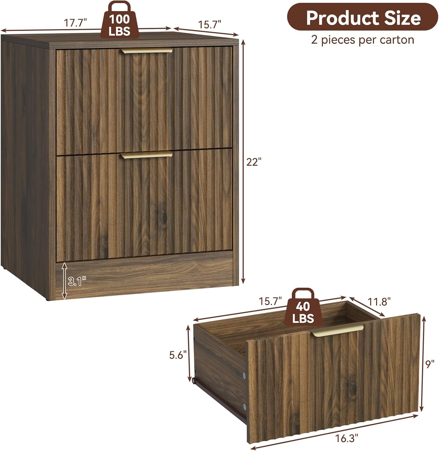 Set of 2 Walnut Nightstand with 2 Storage Drawers, Modern Fluted Night Stand Bedside Table, Bed Side End Table with Golden Handles for Bedroom, Walnut