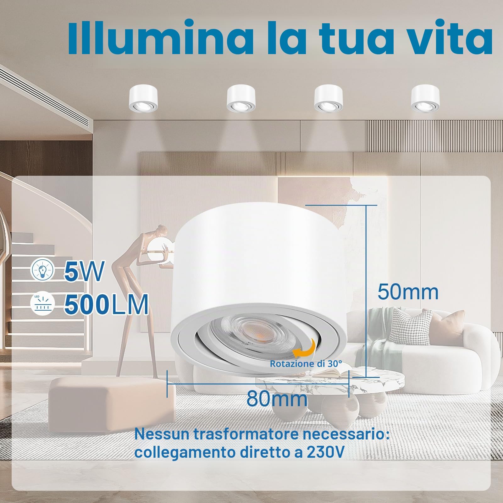 YindaLux 6x 3CCT Faretti LED Soffitto Orientabile - Ø80x50mm Extra Piatto & Inclinabile a 30° - 5W 500LM - Con modulo LED incluso - Alluminio - Dimmerabile Faretto LED Interno（Bianco）