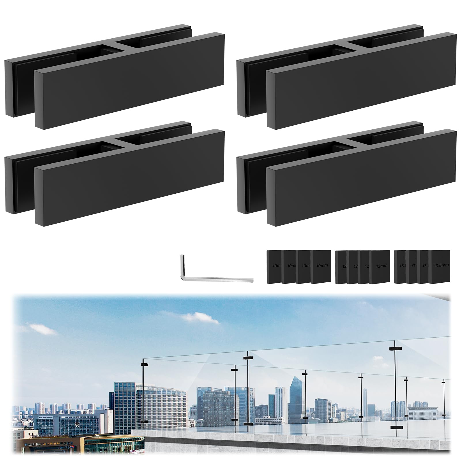 4 Pack Black Railing Glass to Glass Clamp, 180 Degrees Double Sided Clip Fit for 3/8"-1/2"(10mm-13mm) Thinkness Balustrade, SST304 Railing Holder for Fence, Balcony Deck, Indoor & Outdoor