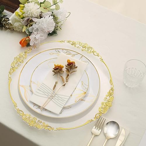 Miniatura 2 de Efavormart - Juego de 20 platos de plástico con diseño floral de oro blanco de 107 pulgadas, platos desechables redondos para cena y postre