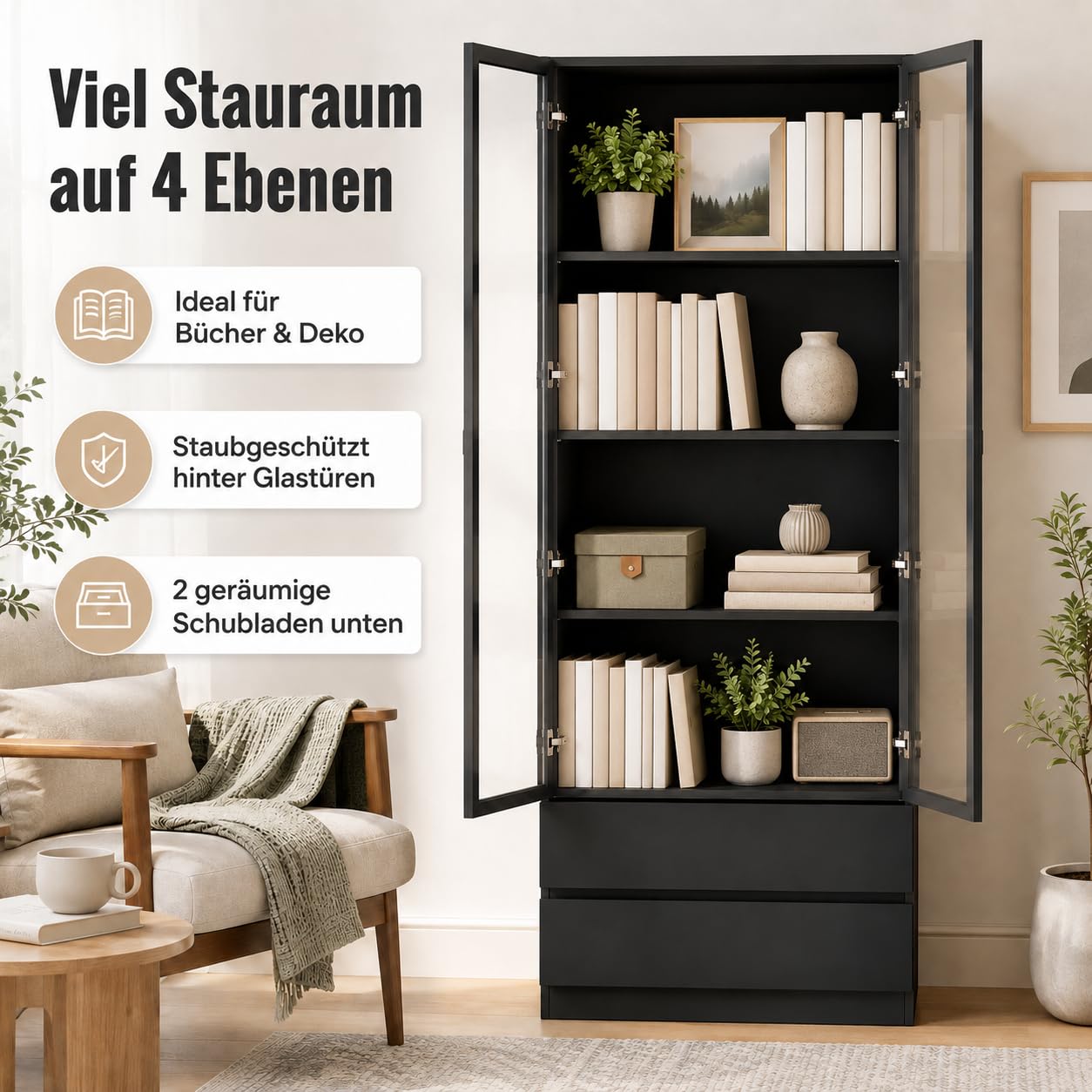 Vitrine, Vitrinenschrank,2 Türen 2 Schubladen Schwarzglas Vitrine für Wohnzimmer, Esszimmer, Büro, Küche, 80 * 36 * 200cm, MDF, Schwarz