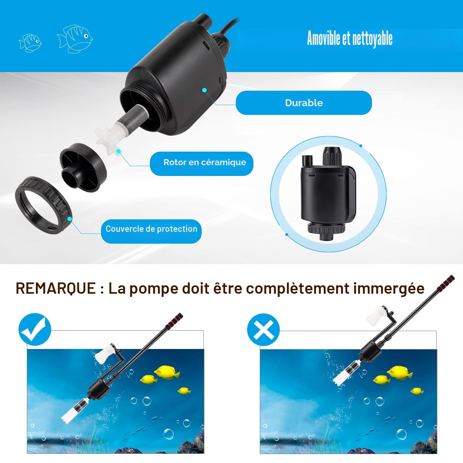 AQQA Nettoyeur électrique pour Aquarium,6en1Aspirateur Automatique pour Aquarium,Aspirateur de Gravier Électrique,Changeur d'eau Laveur