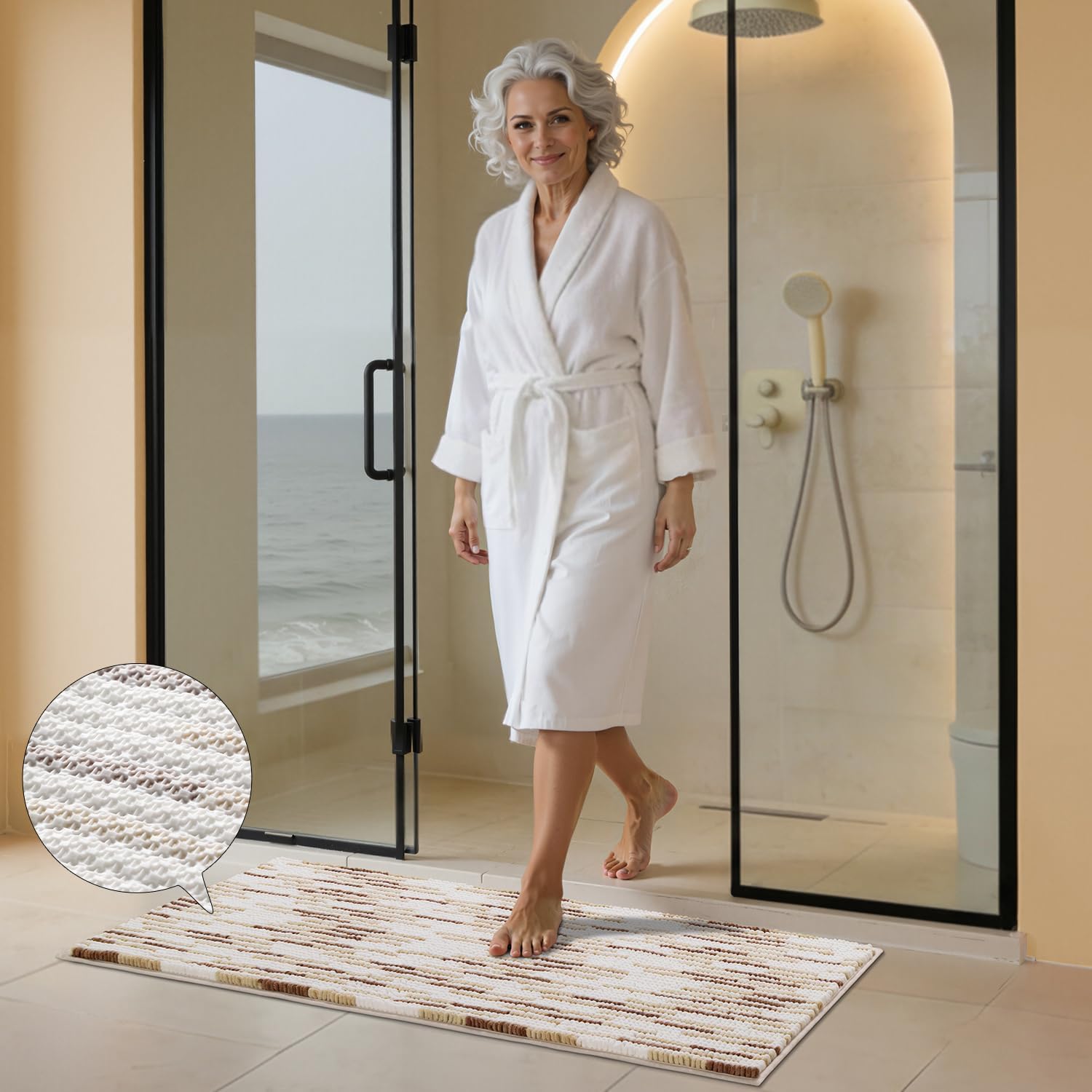 BSICPRO Bathroom Rugs Sets 3 Piece, Non-Slip Chenille Toilet Rugs with TPR Backing, U-Shaped Toilet Mat with Abstract Stripe Design, Ultra Soft Thick Absorbent Bath Floor Mats for Bathroom Washable