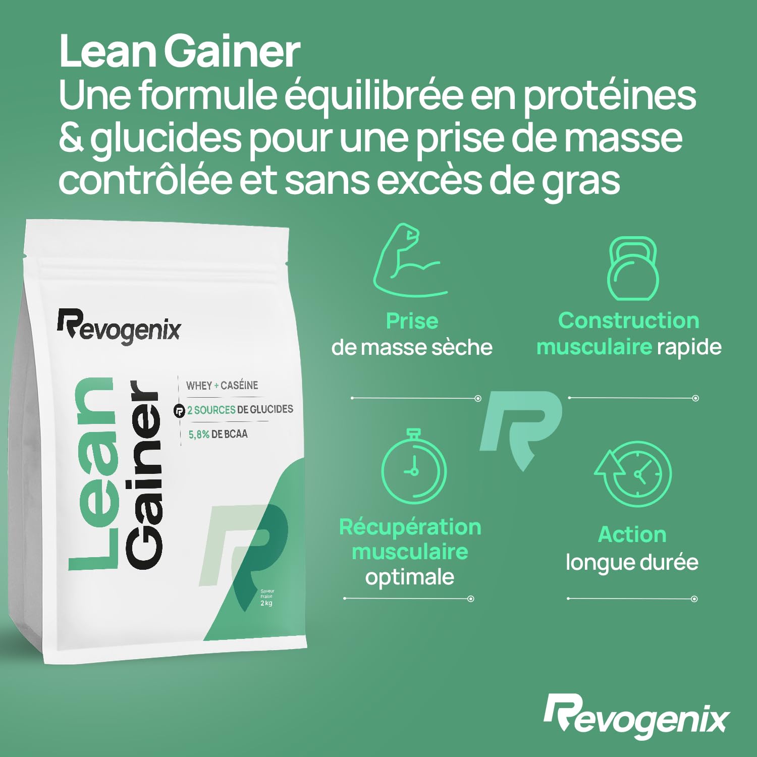 LEAN GAINER | Protéines avec Whey + Caséine | Glucides avec Farine d’avoine + Maltodextrine | Gainer Prise de Masse Musculation sèche | Riche en BCAA | Doypack de 2 kg Saveur Fraise | REVOGENIX