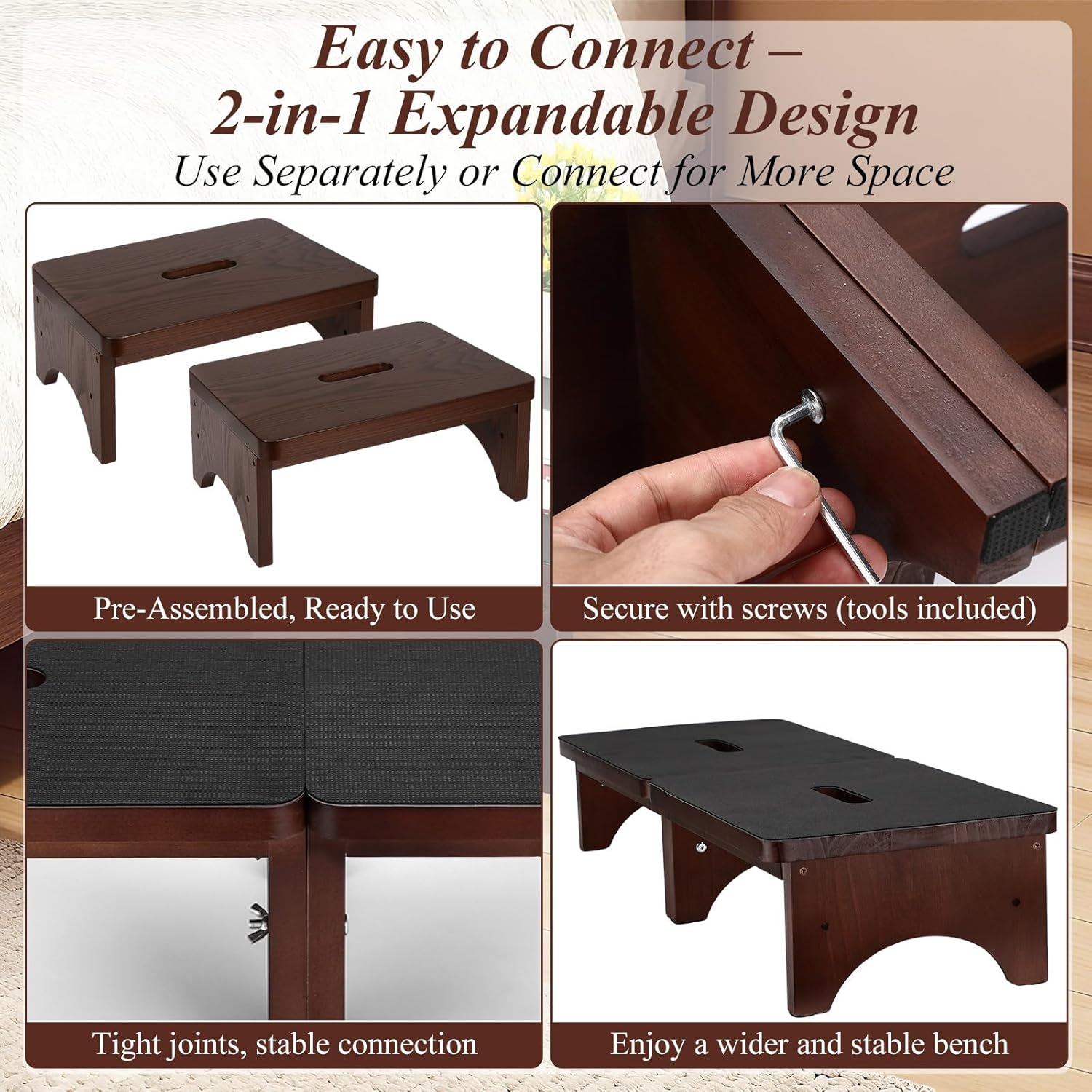 Extra Wide 31.4" Wooden Step Stool – 2 Pack One Step Stool for Adults Seniors 2-in-1 with Non-Slip Rubber Surface – Holds up to 500 Lbs for High Beds Bedroom Bathroom Kitchen Outdoor(6.5 Inch)