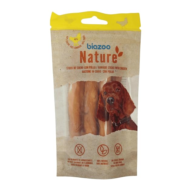 Foto 2 de 5 de Biazoo - Pack de 15 Bolsas - Sticks de Cuero con Pollo 80 gr: 44 % Cuero y 46 % de Pollo. Alto Contenido…