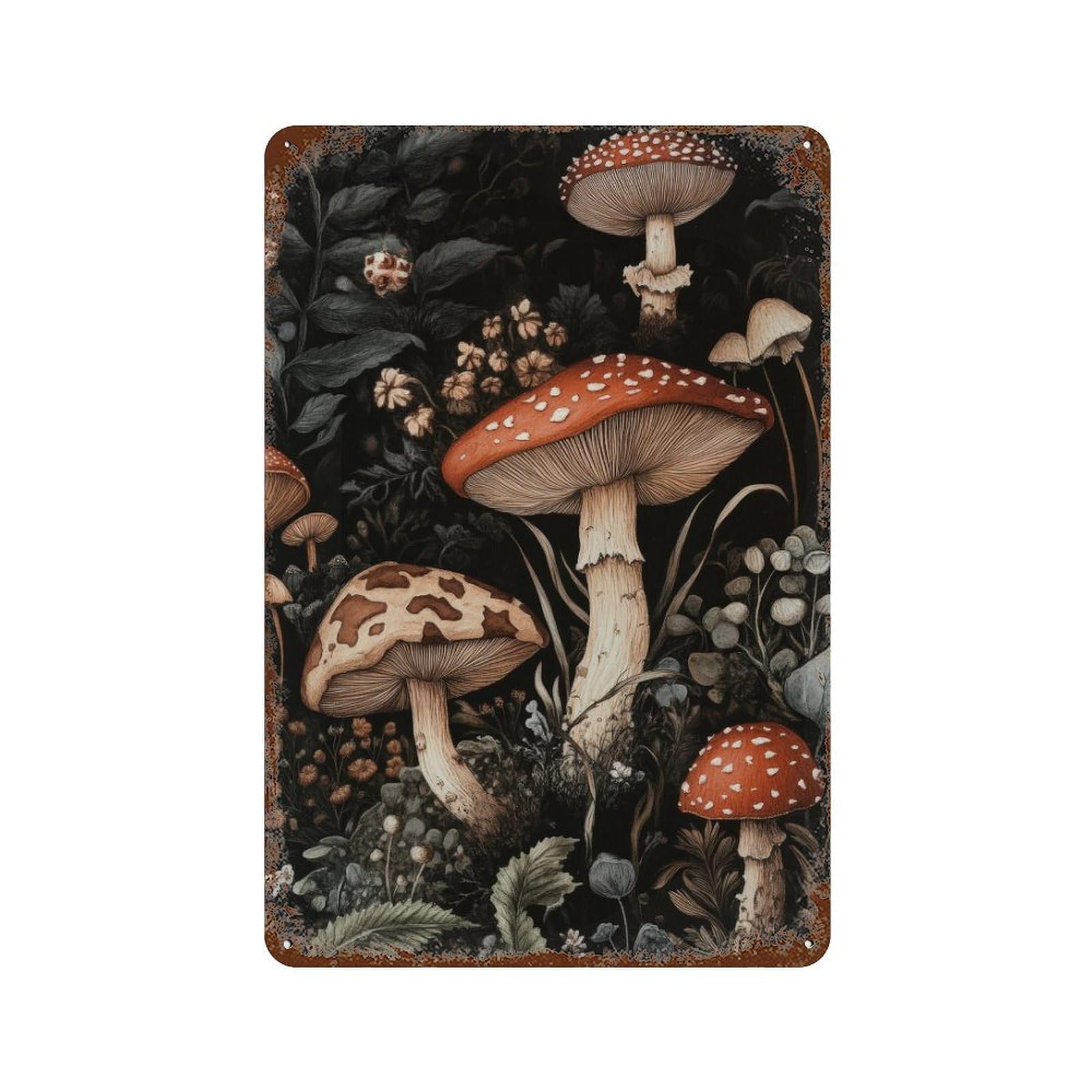Mushrooms Dark Academia Cottagecore Decor Antique Botanical Illustration Woodland Fungi Rustic Vintage Wall Decor Art Metal Tin Poster Modern Home Decor Art Home Bar Shop Decorations Vintage Sign 30x