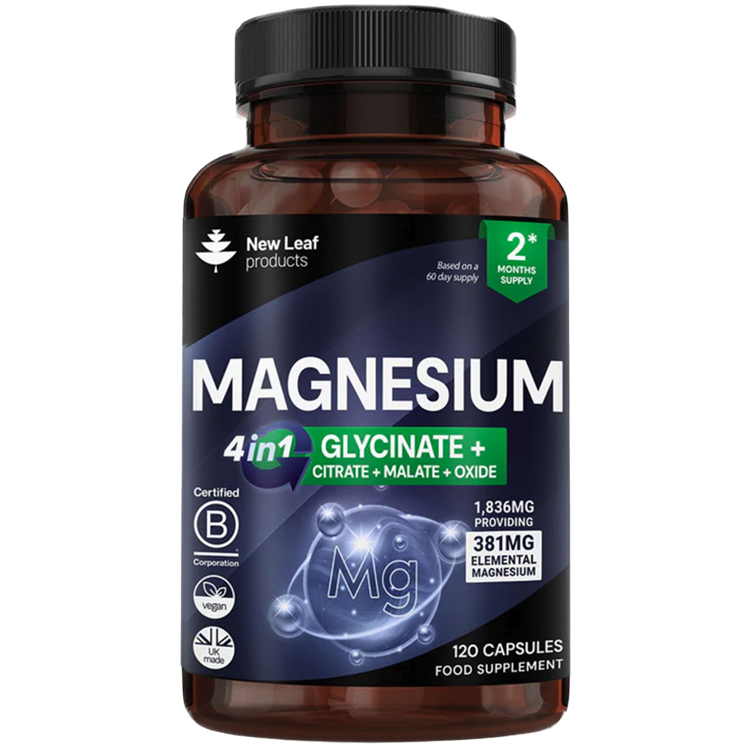 Magnesium Glycinate 4-in-1 Complex 1836mg – 381mg Elemental Per Serving – High-Strength Magnesium with Bisglycinate, Citrate, Malate, Oxide – 120 Vegan Capsules – UK Manufactured by New Leaf