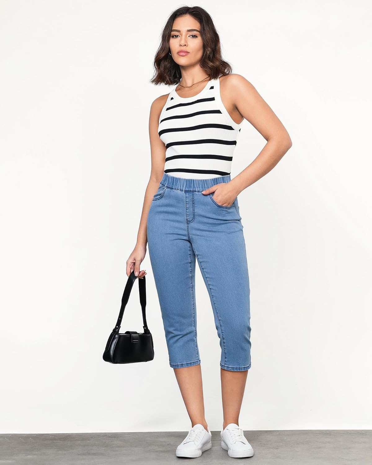 GRAPENT Capris Jeans for Women High Waisted Trendy Pull On Elastic Waist Split Hem Skinny Stretchy Denim Capri Pants - Image 4