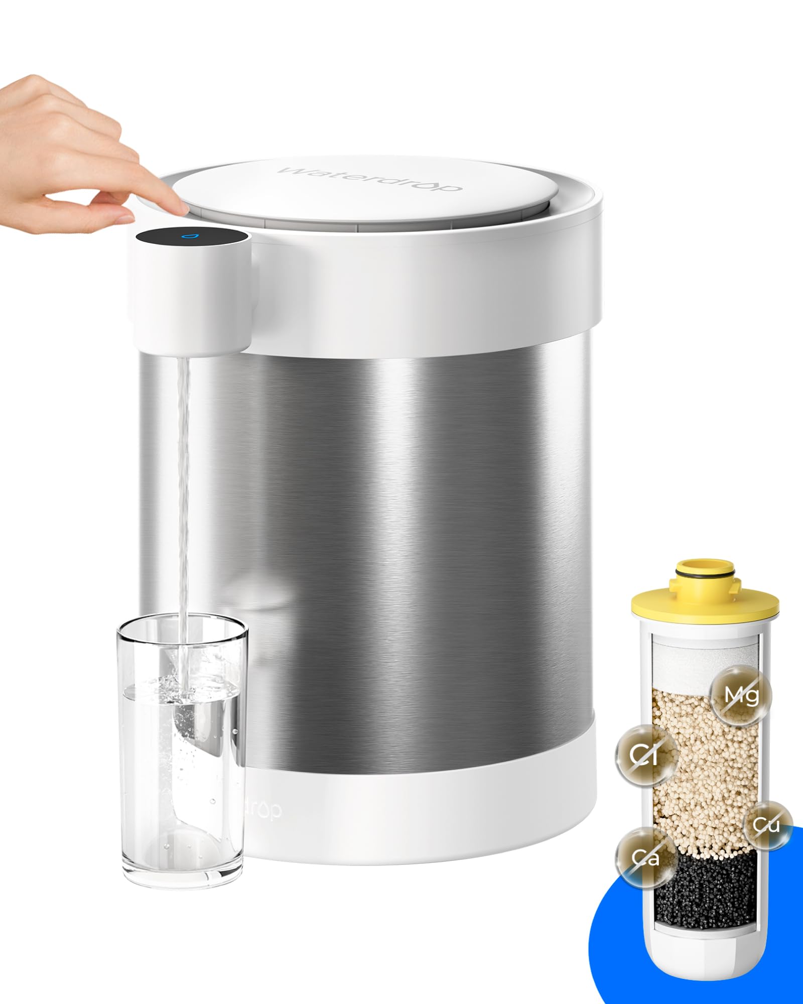 Waterdrop Dispensador de filtro de agua recargable de acero inoxidable, WD-ED21W, 5,3 l, 3 meses, ablandador de agua, jarra eléctrica, reduce el calcio, magnesio y más de 70 contaminantes, sistema de
