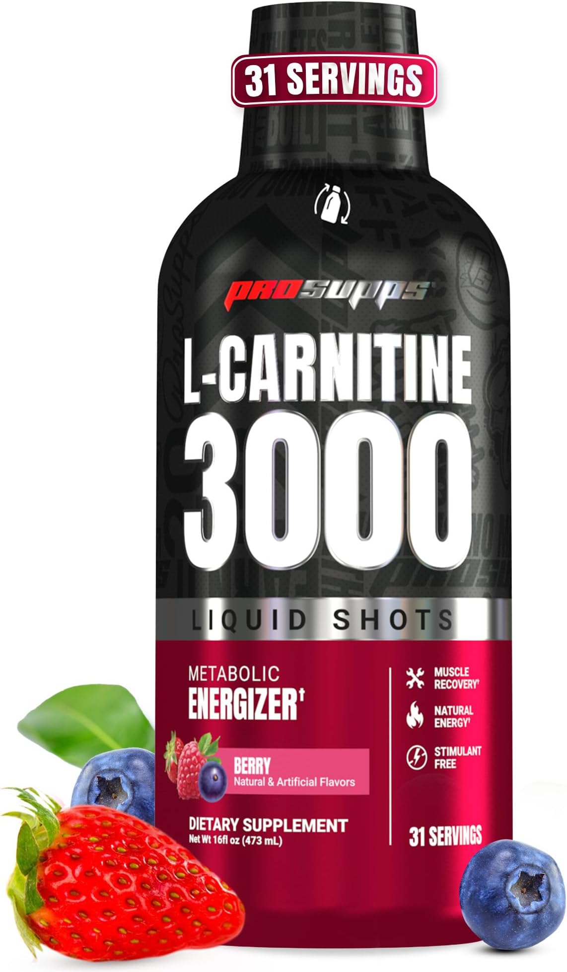 PROSUPPS L-Carnitine 3000 Stimulant Free Liquid Shots for Men and Women - Workout Drink for Performance and Muscle Recovery (31 Servings, Berry)