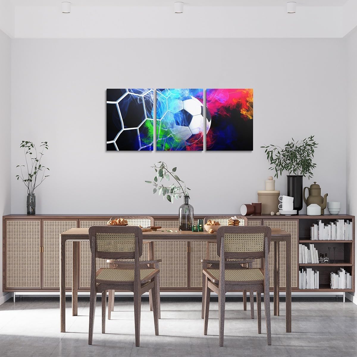 Feelyou Soccer Canvas Wall Art for Living Room Bedroom 12"x16"x 3Pcs Football Picture Wall Decor 3D Soccer Ball Pattern Bathroom Wall Art for Home Decor Sports Theme Wall Painting