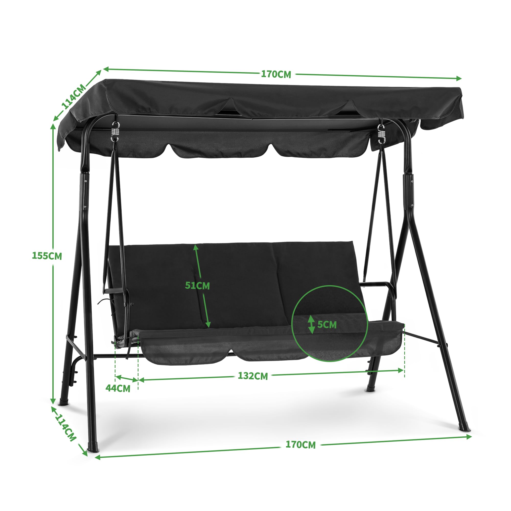 M MCombo 3-Sitzer Hollywoodschaukel, Gartenschaukel mit Verstellbares Sonnendach, Schaukelbank Outdoor, Gartenliege Wetterfest, 114 x 170 x 155 cm, Schwarz 8003