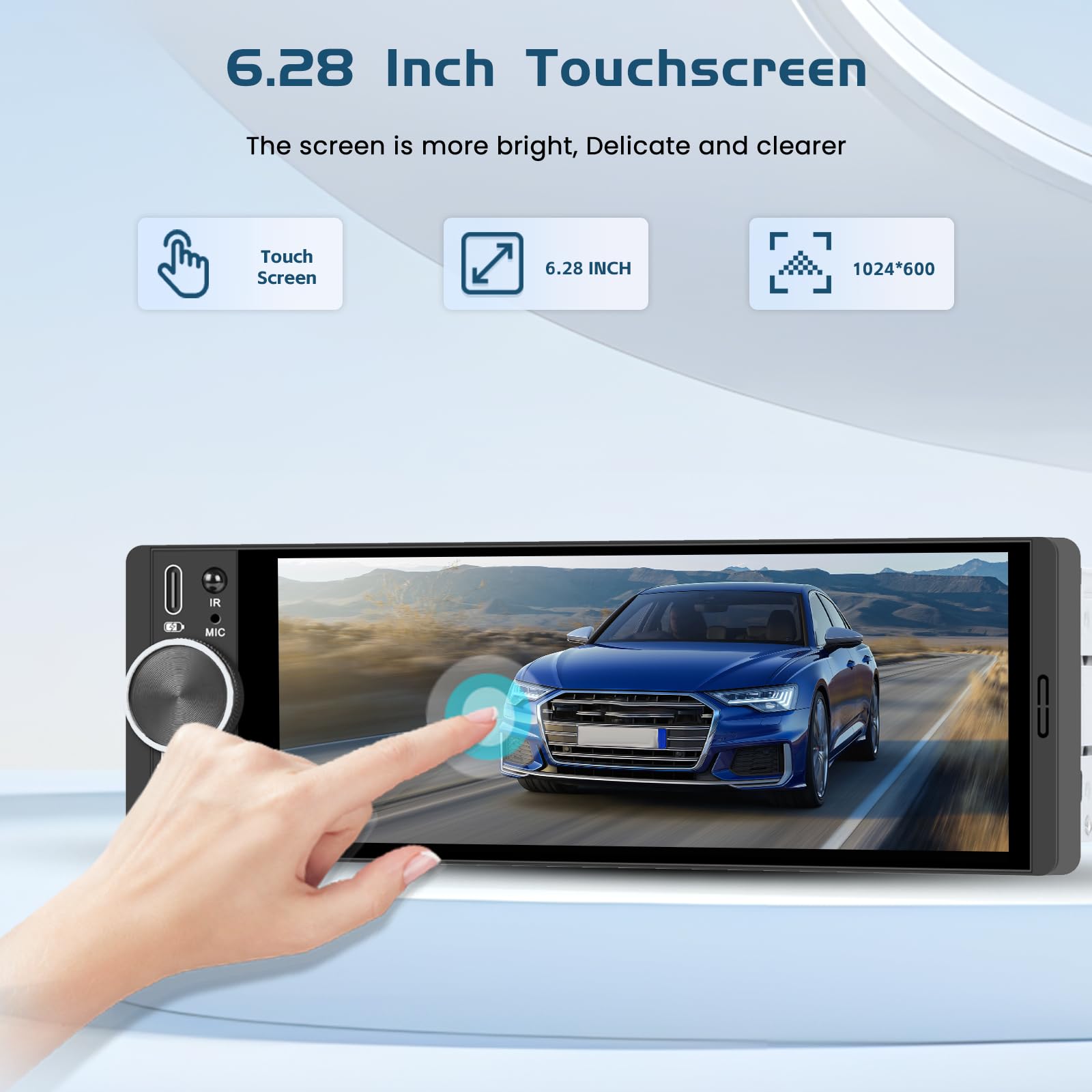 Autoradio 1 DIN con Carplay Wireless & Android Auto, Roinvou con Schermo 6.28" - Telecamera Retro, FM, Bluetooth, EQ, Vivavoce, Aux/USB/Type-C, Comandi al Volante, Mirror Link