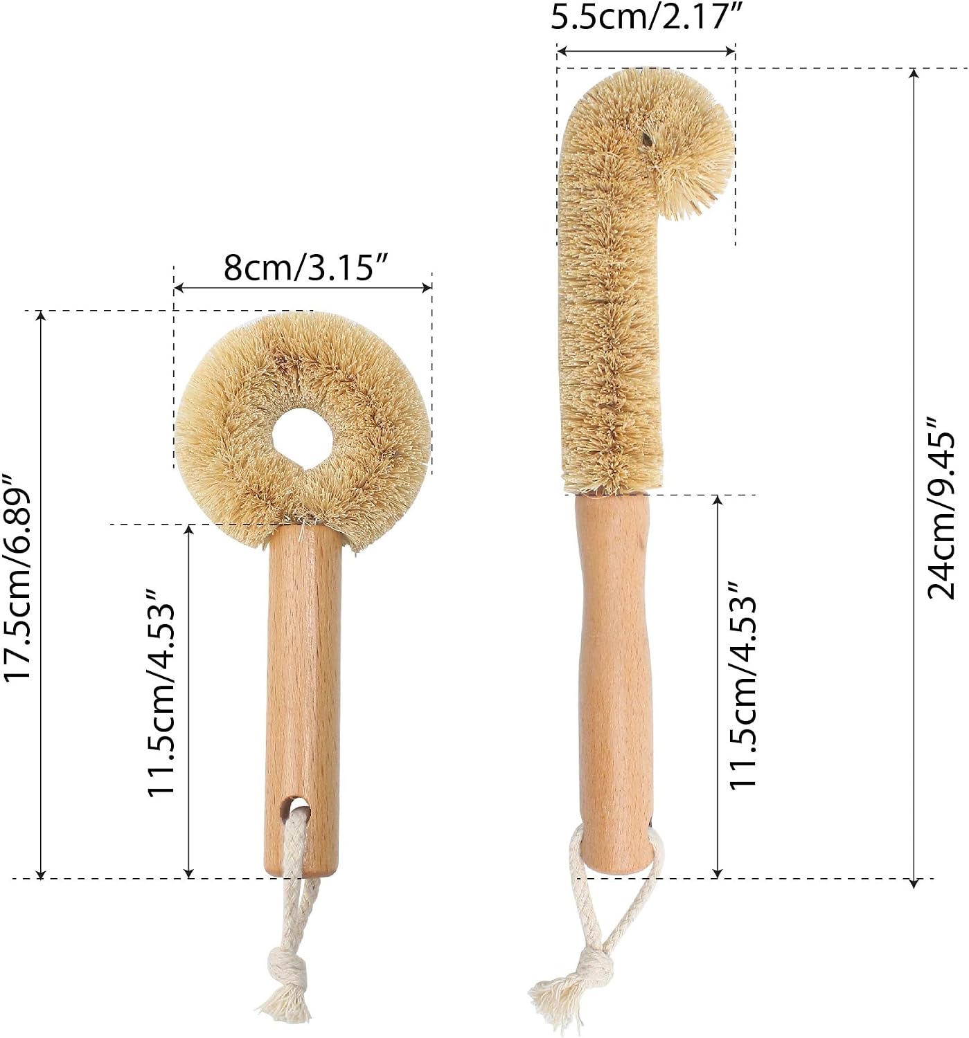 2PCS Coconut Brush Fiber Bottle Wooden Cleaning Brush, Scrub Head for Deep Pan Cleaning Washing, Sturdy Eco-Friendly with Natural Wood Handle Holder, Bristle Scrubber Set for Kitchen Dishes Vegetable
