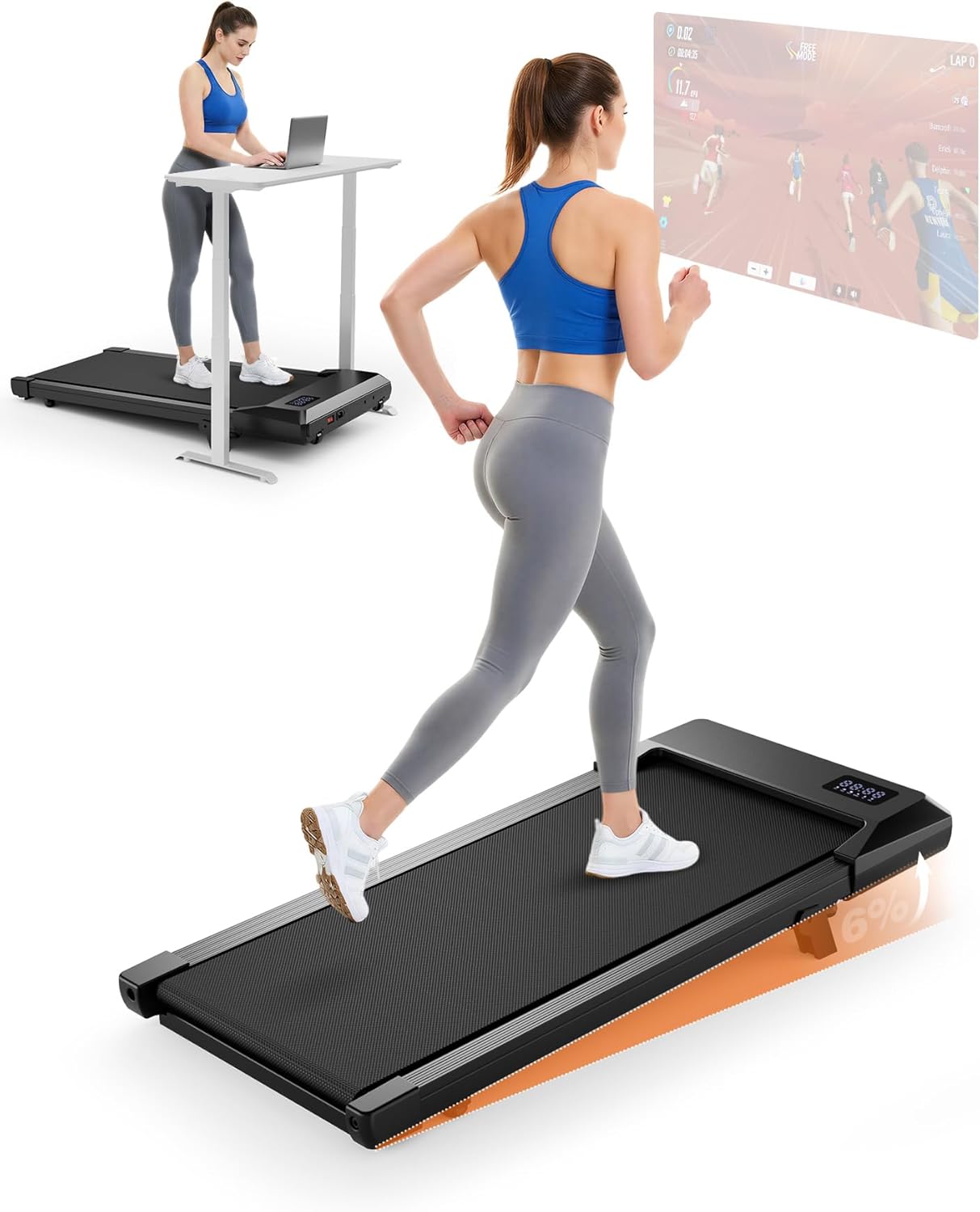 Superun Walking Pad mit Steigung max 159 KG/136 KG 2.5HP Laufband für Zuhause mit LED Leise Laufband Schreibtisch mit App und Multiplayer-Rennstrecke