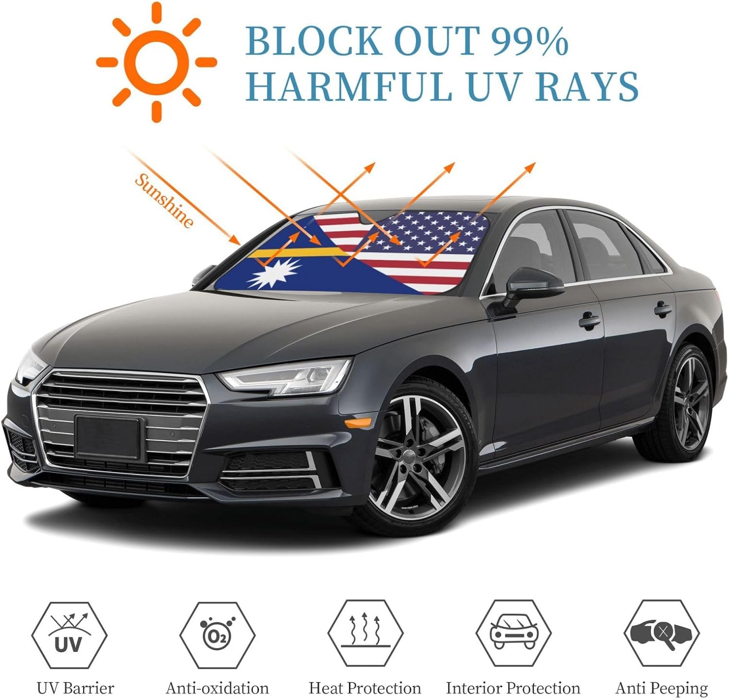 America Nauru Friendship Flag Foldable Car Windshield Sunshade Blocks Heat and Sun Glare Uv Rays