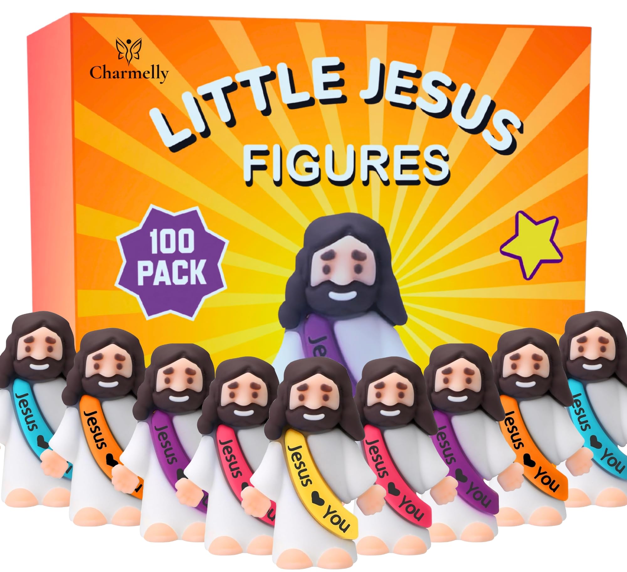 Charmelly Little Jesus Figures 100 Pack - No Smell, Premium Quality Silicone - Jesus Loves You Figures for Church, VBS, Mission Trips, Gifts & Hide
