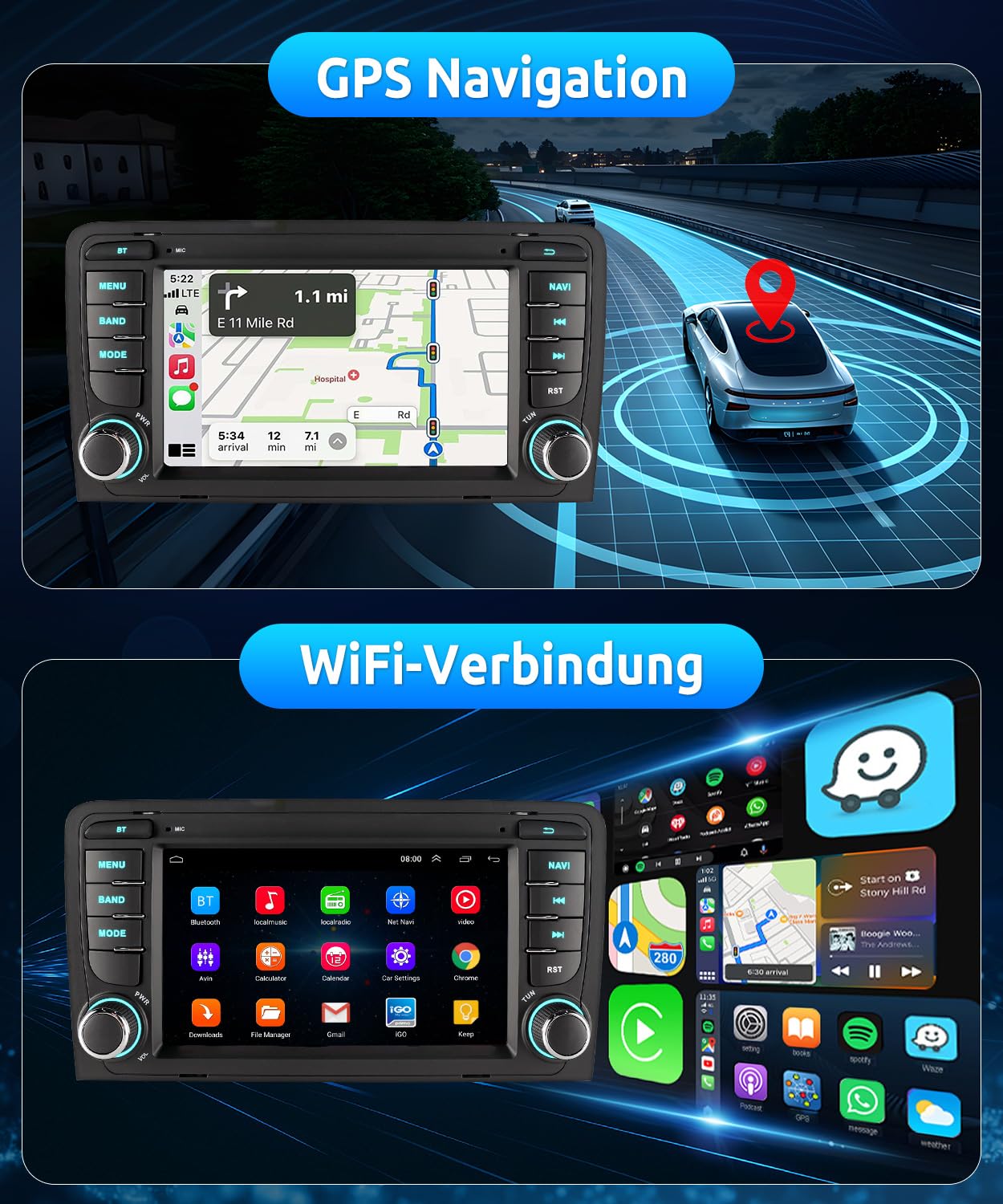 ESSGOO Autoradio für Audi A3 8P, S3 8P, RS3 8PA | 2+64GB Android 15, 7 Zoll Touchscreen, Wireless CarPlay & Android Auto, GPS/WLAN, Bluetooth 5.0, DSP