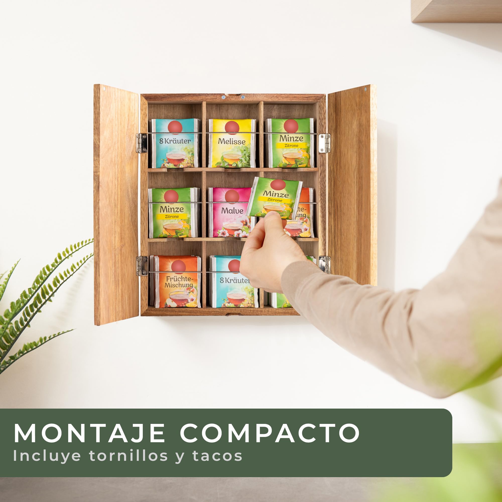 WALDWERK Caja té diseño (9 Compartimentos) de Robusta Madera de Acacia - Organizador de infusiones sin plástico - Caja te Grande con Accesorios para Montaje en Pared
