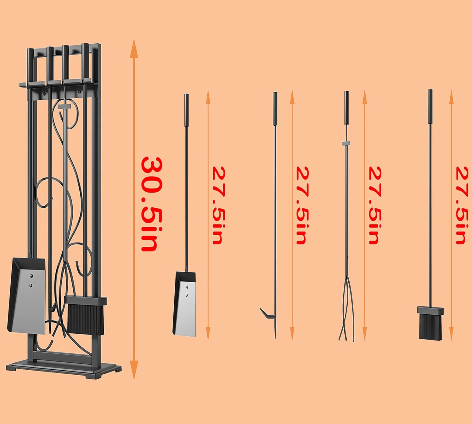 Kingson 5-Piece Heavy Duty Wrought Iron Fireplace Tool Set - Durable Indoor & Outdoor Fireplace Accessories with Decorative Black Finish - Stylish and Functional Hearth Décor for Fireplaces