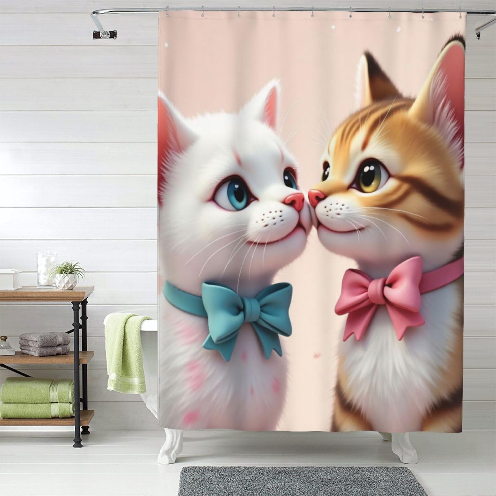 Rideau de douche imprimé couple de chat opaque avec crochets inclus