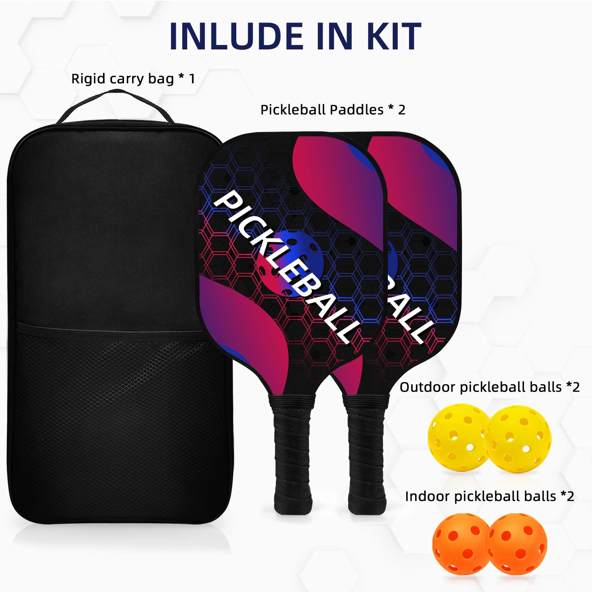 Ensemble de Raquette de Pickleball, Fibre de Verre Battes Pagaies Palette de Pickelball avec 2/4 Raquettes, 4 Balles & 1 Sac de Transport