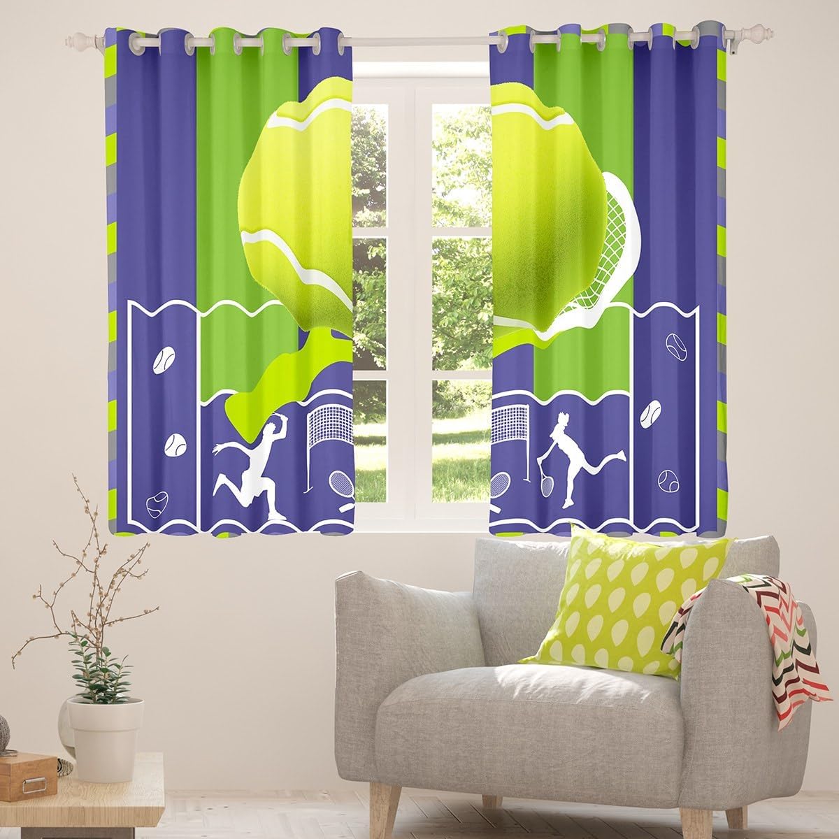 Tennis Curtains 42Wx84L,Fashion Sports Game Player Silhouette Windows Drapes Block 30%-50% Light,Tennis Court Sporting Field Geometric Purple Green Grommet Window Treatment,2 Panels