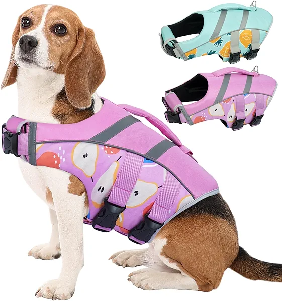 Kuoser Dog Life Jacket with Reflective Stripes, Adjustable High Visibility Dog Life Vest for Swimming Boating