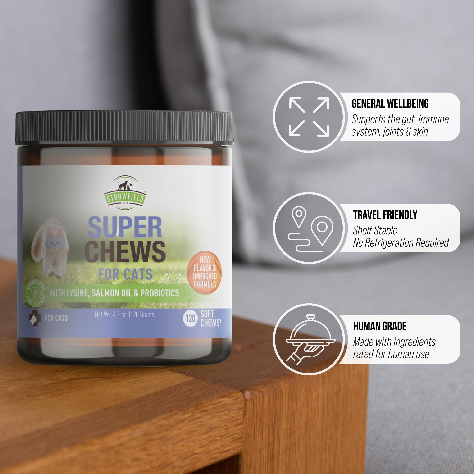 Strawfield Pets Super Chews for Cats - Lysine, Probiotics, Omega 3 Fish Oil (Salmon Oil), Catnip - Supports Immune, Gut, Skin & Joint Health - Hickory Bacon Salmon & Liver Flavor 120 Softchews