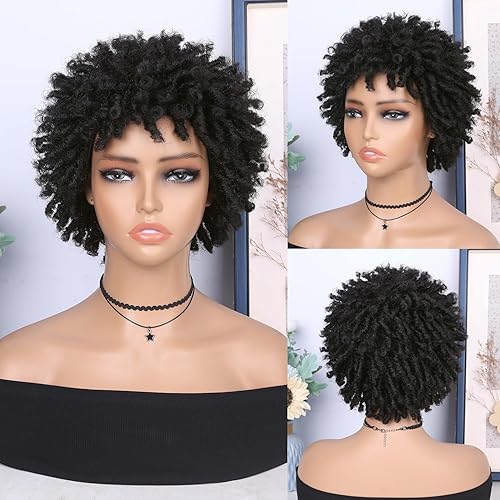 Miniatura 8 de Peluca corta de rastas cortas afro rizadas pelucas trenzadas para mujeres negras, rastas sintéticas trenzadas, pelucas de cabello sintético negro