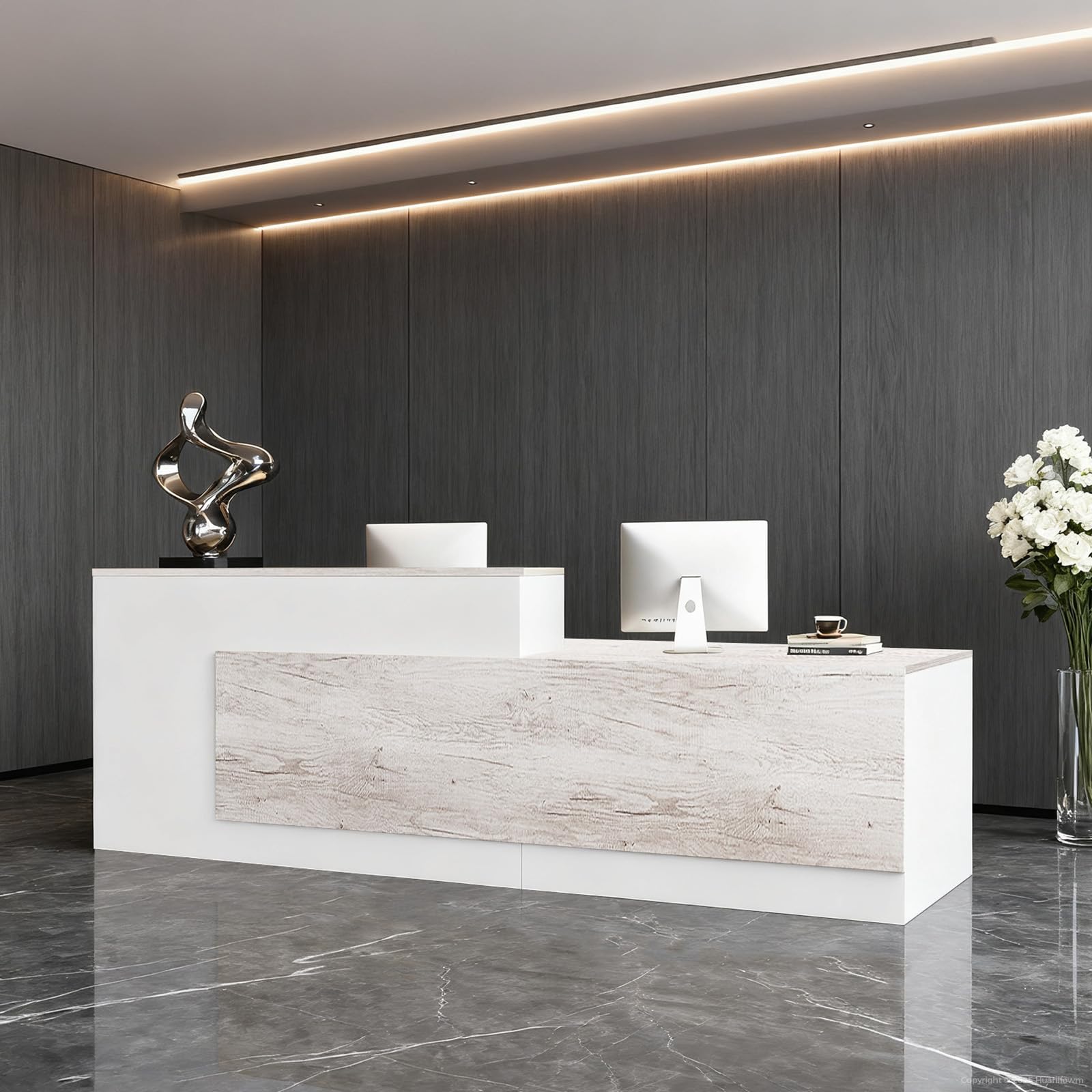 Modern L-Shaped Reception Desk with Hutch, Reception Counter Table, Lockable Drawer Door Cabinet, Office Wooden Computer Front Desk (Oak+Warm White-Left Cabinet, 71" L*24" W*41" H)