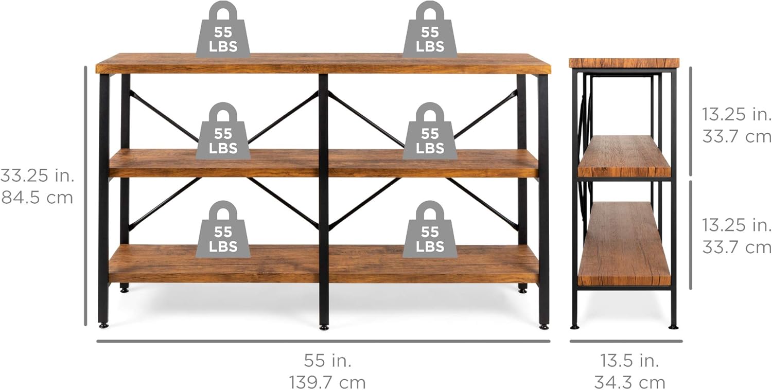 Best Choice Products Large Console Table, 3-Tier 55in Rustic, Industrial Sofa Table Storage for Living Room, Entryway, Foyer, Hallway w/EVA Non-Scratch Feet, Steel Frame - Brown