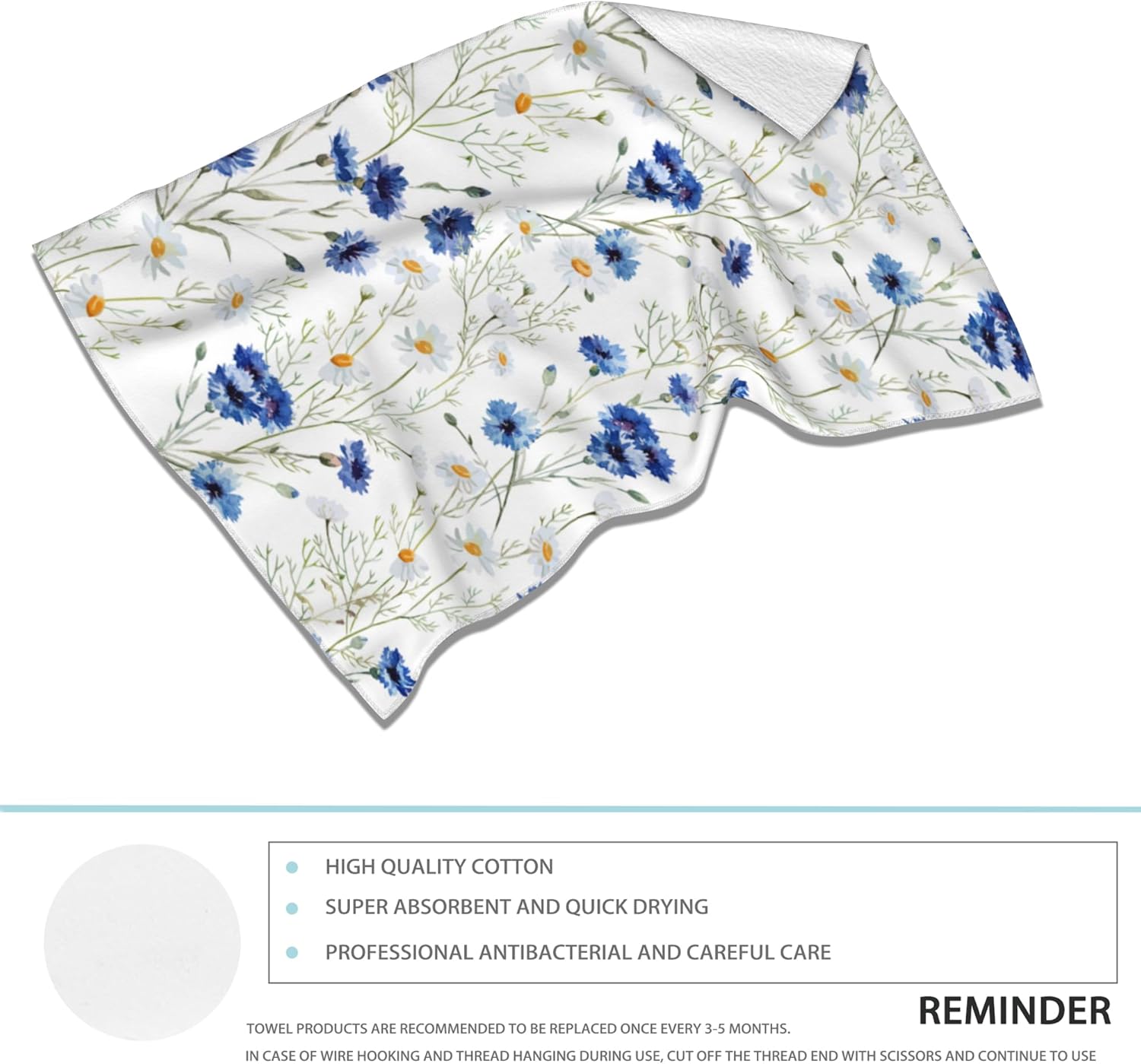 White Daisy Flowers Hand Towels Set of 2, Blue Cornflower Fingertip Towel Polyester Cotton Soft Bath Towels 14"X28" - Image 3